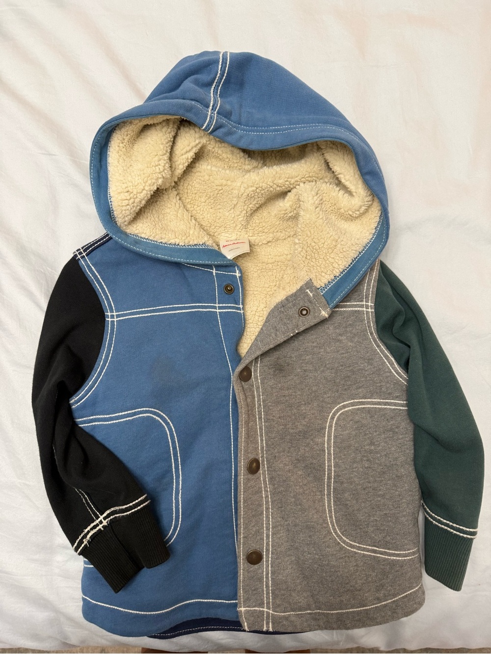 Hanna Andersson Sherpa-Lined Colorblock Hoodie in Blue, Gray, Black & Green